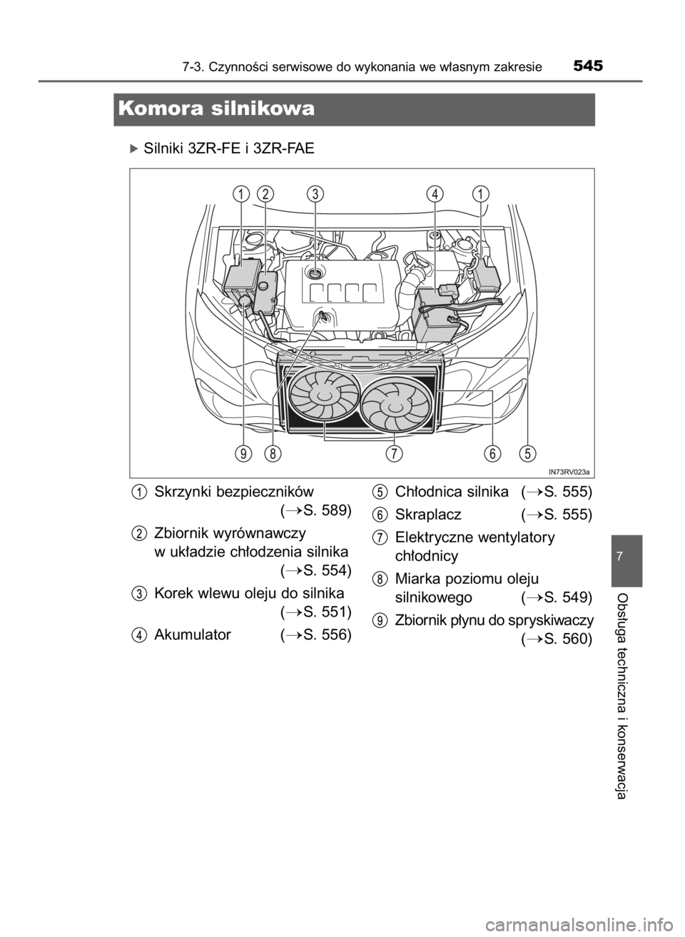 TOYOTA RAV4 2017  Instrukcja obsługi (in Polish) óSilniki 3ZR-FE i 3ZR-FAE
7-3. CzynnoÊci serwisowe do wykonania we w∏asnym zakresie545
7
Obs∏uga techniczna i konserwacja
Komora silnikowa
Skrzynki bezpieczników 
(
S. 589)
Zbiornik wyrównawc