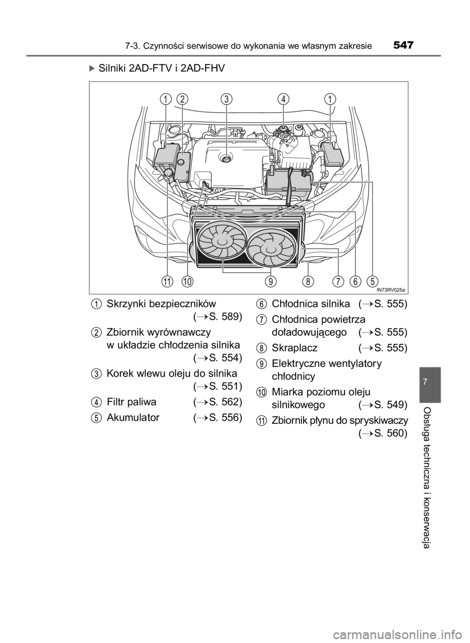 TOYOTA RAV4 2017  Instrukcja obsługi (in Polish) óSilniki 2AD-FTV i 2AD-FHV
7-3. CzynnoÊci serwisowe do wykonania we w∏asnym zakresie547
7
Obs∏uga techniczna i konserwacja
Skrzynki bezpieczników 
(
S. 589)
Zbiornik wyrównawczy
w uk∏adzie 