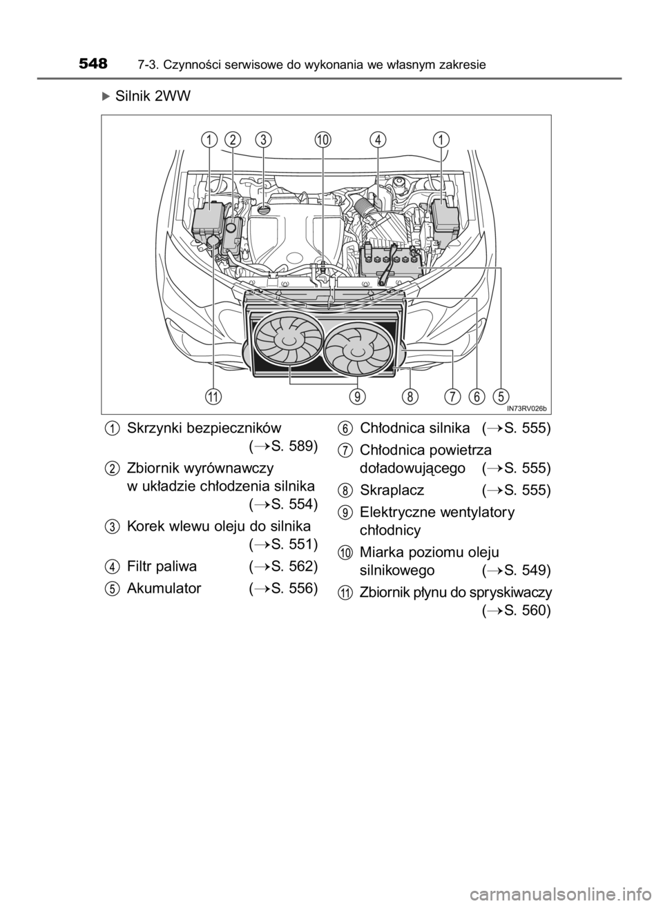TOYOTA RAV4 2017  Instrukcja obsługi (in Polish) óSilnik 2WW
5487-3. CzynnoÊci serwisowe do wykonania we w∏asnym zakresie
Skrzynki bezpieczników 
(
S. 589)
Zbiornik wyrównawczy
w uk∏adzie ch∏odzenia silnika
(
S. 554)
Korek wlewu oleju do