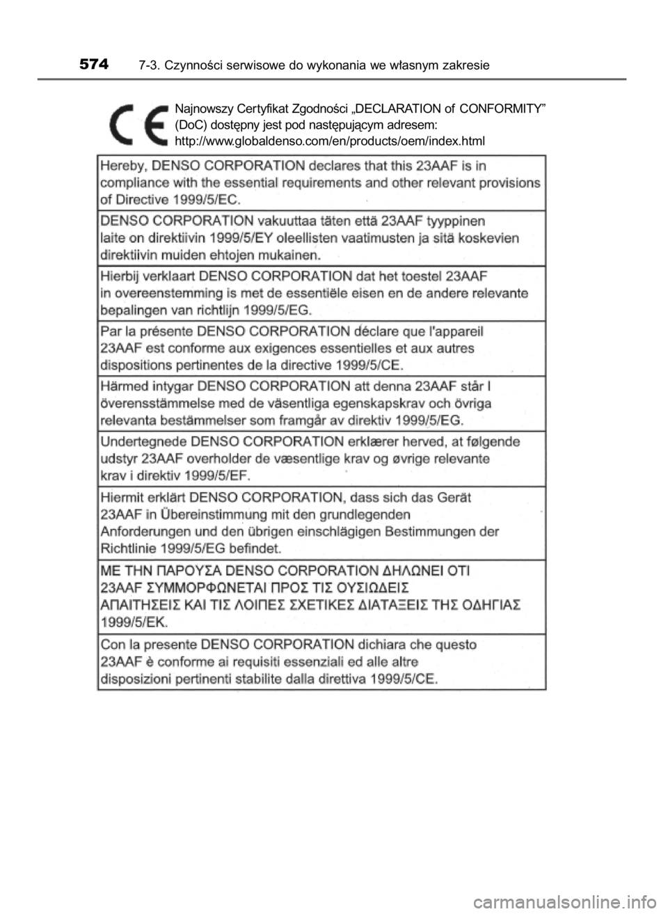 TOYOTA RAV4 2017  Instrukcja obsługi (in Polish) 5747-3. CzynnoÊci serwisowe do wykonania we w∏asnym zakresie
Najnowszy Cer tyfikat ZgodnoÊci „DECLARATION of CONFORMITY”
(DoC) dost´pny jest pod nast´pujàcym adresem:
http://www.globaldenso