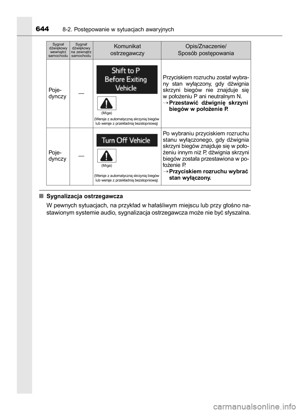 TOYOTA RAV4 2017 Instrukcja obsługi (in Polish) Sygnalizacja ostrzegawcza
W pewnych sytuacjach, na przyk∏ad w ha∏aÊliwym miejscu lub przy g∏oÊno na-
stawionym systemie audio, sygnalizacja ostrzegawcza mo˝e nie byç s∏yszalna.
6448-2. Pos TOYOTA RAV4 2017 Instrukcja obsługi (in Polish) Sygnalizacja ostrzegawcza
W pewnych sytuacjach, na przyk∏ad w ha∏aÊliwym miejscu lub przy g∏oÊno na-
stawionym systemie audio, sygnalizacja ostrzegawcza mo˝e nie byç s∏yszalna.
6448-2. Pos