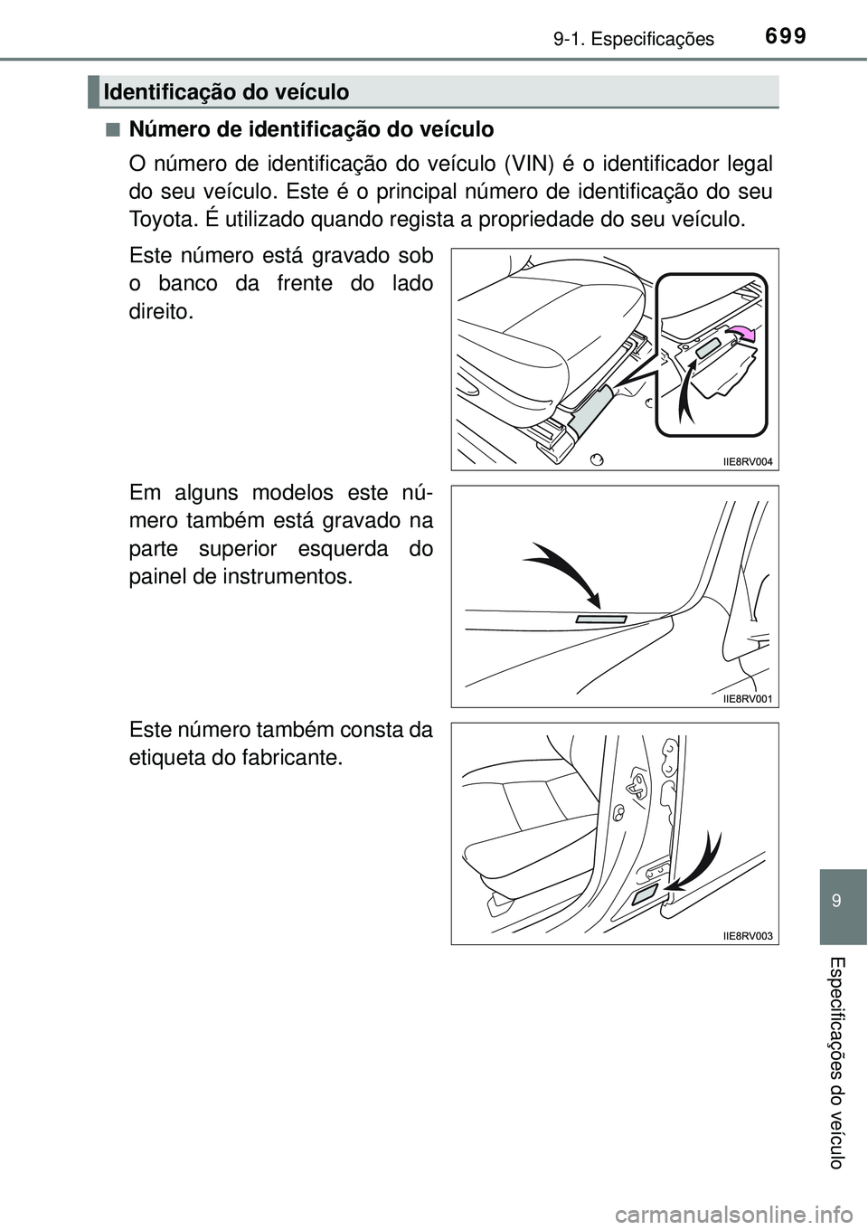 TOYOTA RAV4 2017  Manual de utilização (in Portuguese) 6999-1. Especificações
9
Especificações do veículo
nNúmero de identificação do veículo
O número de identificação do veículo (VIN) é o identificador legal
do seu veículo. Este é o princ
