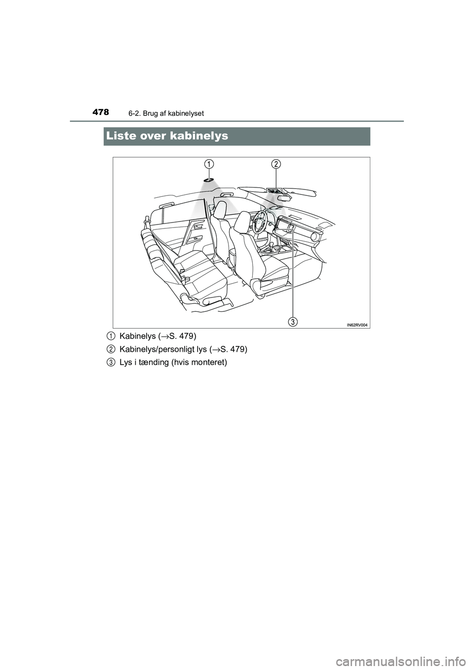 TOYOTA RAV4 2016  Brugsanvisning (in Danish) 4786-2. Brug af kabinelyset
OM42A45DK
Liste over kabinelys
Kabinelys (→S. 479)
Kabinelys/personligt lys ( →S. 479)
Lys i tænding (hvis monteret)1
2
3
OM42A45DK.book  Page 478  Thursd ay, December