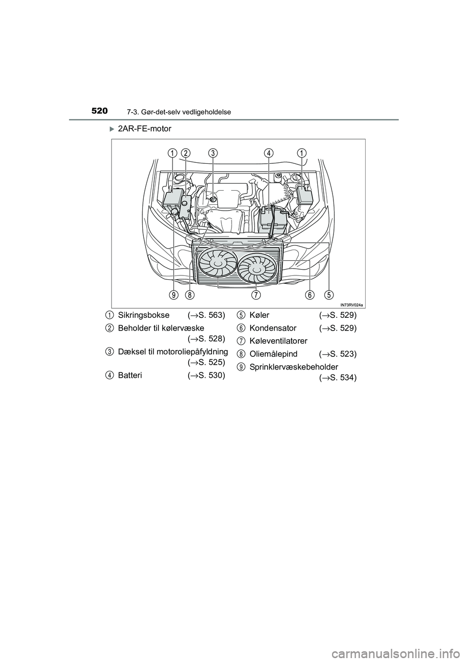 TOYOTA RAV4 2016  Brugsanvisning (in Danish) 5207-3. Gør-det-selv vedligeholdelse
OM42A45DK
�X2AR-FE-motor
Sikringsbokse (→S. 563)
Beholder til kølervæske  (→ S. 528)
Dæksel til motoroliepåfyldning (→ S. 525)
Batteri (→ S. 530) Køl