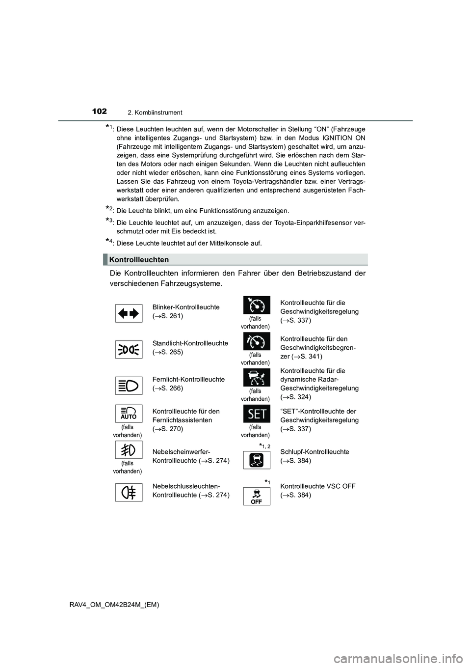 TOYOTA RAV4 2016 Betriebsanleitungen (in German) 1022. Kombiinstrument
RAV4_OM_OM42B24M_(EM)
*1: Diese Leuchten leuchten auf, wenn der Motorschalter in Stellung “ON” (Fahrzeugeohne intelligentes Zugangs- und Startsystem) bzw. in den Modus IGNITI TOYOTA RAV4 2016 Betriebsanleitungen (in German) 1022. Kombiinstrument
RAV4_OM_OM42B24M_(EM)
*1: Diese Leuchten leuchten auf, wenn der Motorschalter in Stellung “ON” (Fahrzeugeohne intelligentes Zugangs- und Startsystem) bzw. in den Modus IGNITI