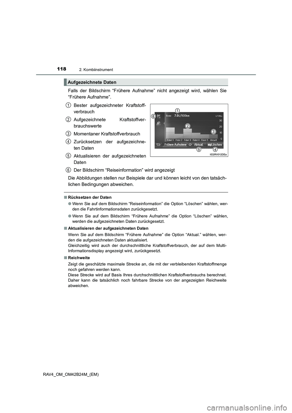 TOYOTA RAV4 2016 Betriebsanleitungen (in German) 1182. Kombiinstrument
RAV4_OM_OM42B24M_(EM)
Falls der Bildschirm “Frühere Aufnahme” nicht angezeigt wird, wählen Sie
“Frühere Aufnahme”.
Bester aufgezeichneter Kraftstoff-
verbrauch
Aufgeze TOYOTA RAV4 2016 Betriebsanleitungen (in German) 1182. Kombiinstrument
RAV4_OM_OM42B24M_(EM)
Falls der Bildschirm “Frühere Aufnahme” nicht angezeigt wird, wählen Sie
“Frühere Aufnahme”.
Bester aufgezeichneter Kraftstoff-
verbrauch
Aufgeze