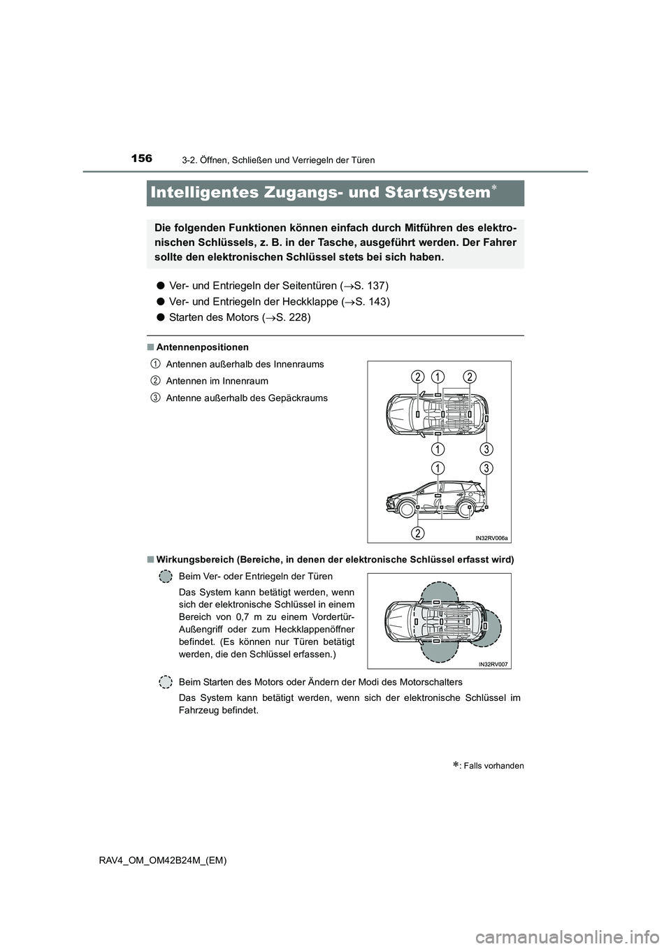 TOYOTA RAV4 2016 Betriebsanleitungen (in German) 1563-2. Öffnen, Schließen und Verriegeln der Türen
RAV4_OM_OM42B24M_(EM)
Intelligentes Zugangs- und Startsystem∗
●Ver- und Entriegeln der Seitentüren ( →S. 137)
● Ver- und Entriegeln der H TOYOTA RAV4 2016 Betriebsanleitungen (in German) 1563-2. Öffnen, Schließen und Verriegeln der Türen
RAV4_OM_OM42B24M_(EM)
Intelligentes Zugangs- und Startsystem∗
●Ver- und Entriegeln der Seitentüren ( →S. 137)
● Ver- und Entriegeln der H