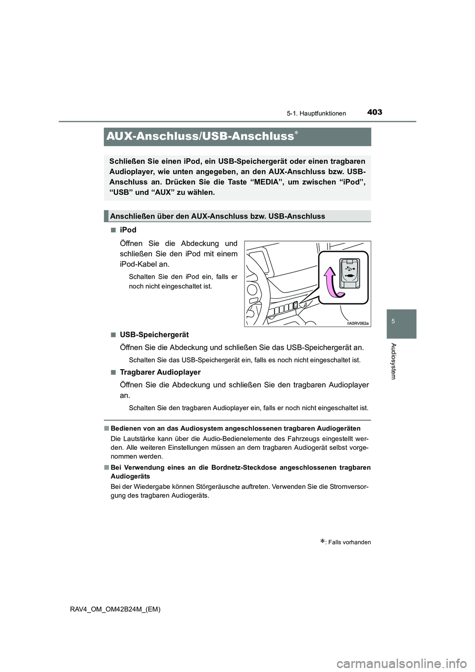 TOYOTA RAV4 2016 Betriebsanleitungen (in German) 403
5
5-1. Hauptfunktionen
Audiosystem
RAV4_OM_OM42B24M_(EM)
AUX-Anschluss/USB-Anschluss∗
■iPod
Öffnen Sie die Abdeckung und
schließen Sie den iPod mit einem
iPod-Kabel an.
Schalten Sie den iPod TOYOTA RAV4 2016 Betriebsanleitungen (in German) 403
5
5-1. Hauptfunktionen
Audiosystem
RAV4_OM_OM42B24M_(EM)
AUX-Anschluss/USB-Anschluss∗
■iPod
Öffnen Sie die Abdeckung und
schließen Sie den iPod mit einem
iPod-Kabel an.
Schalten Sie den iPod