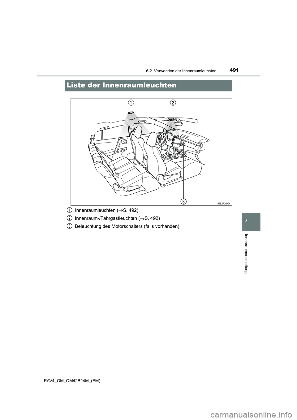 TOYOTA RAV4 2016  Betriebsanleitungen (in German) 4916-2. Verwenden der Innenraumleuchten
RAV4_OM_OM42B24M_(EM)
6
Innenraumausstattung
Liste der Innenraumleuchten
Innenraumleuchten (→S. 492)
Innenraum-/Fahrgastleuchten ( →S. 492)
Beleuchtung des 