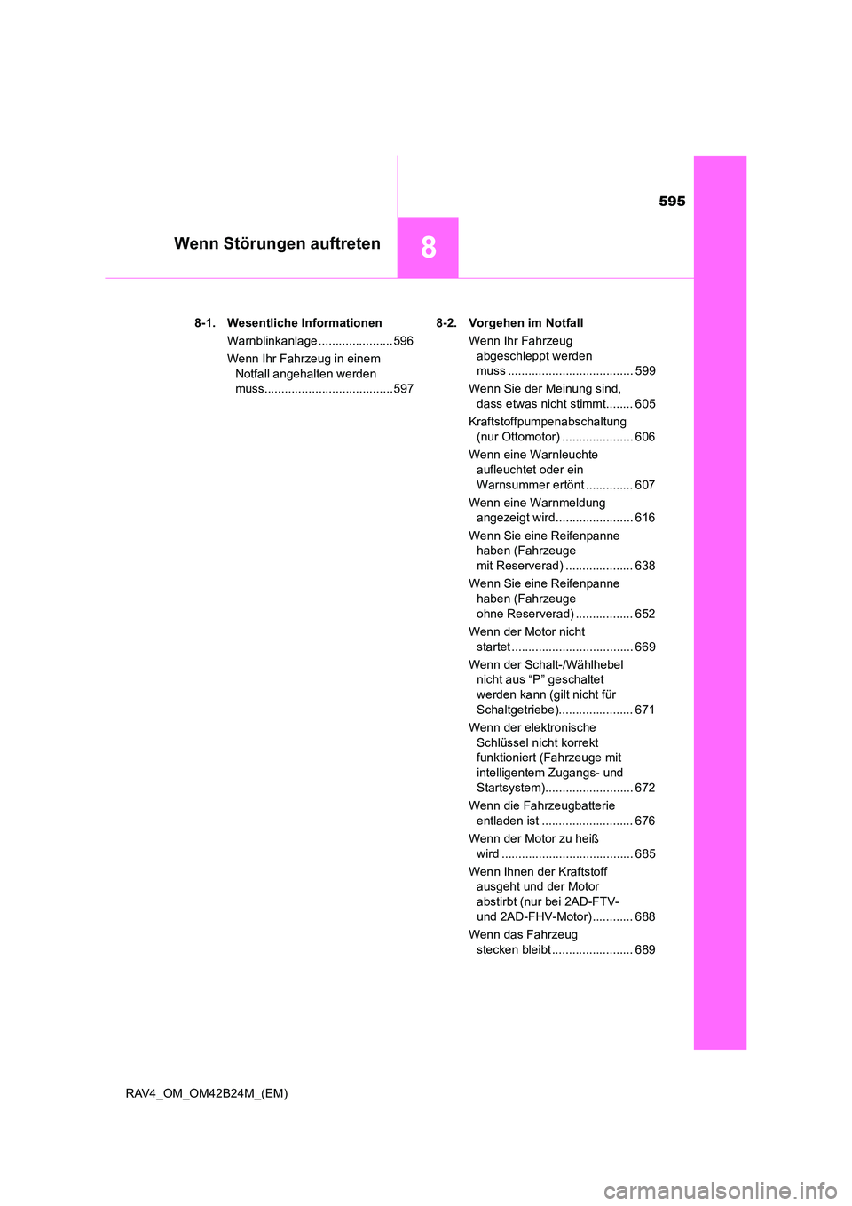 TOYOTA RAV4 2016  Betriebsanleitungen (in German) 595
8Wenn Störungen auftreten
RAV4_OM_OM42B24M_(EM)8-1. Wesentliche Informationen
Warnblinkanlage ......................596
Wenn Ihr Fahrzeug in einem Notfall angehalten werden 
muss.................