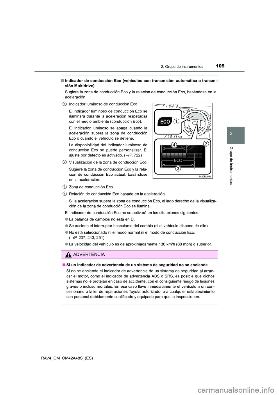 TOYOTA RAV4 2016  Manual del propietario (in Spanish) 1052. Grupo de instrumentos
2
Grupo de instrumentos
RAV4_OM_OM42A48S_(ES)
■Indicador de conducción Eco (vehículos con transmisión automática o transmi-
sión Multidrive)
Sugiere la zona de condu