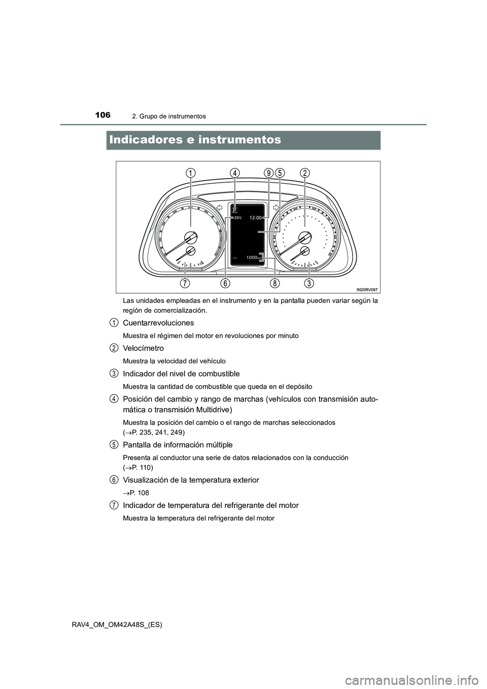 TOYOTA RAV4 2016  Manual del propietario (in Spanish) 1062. Grupo de instrumentos
RAV4_OM_OM42A48S_(ES)
Indicadores e instrumentos
Las unidades empleadas en el instrumento y en la pantalla pueden variar según la
región de comercialización.
Cuentarrevo