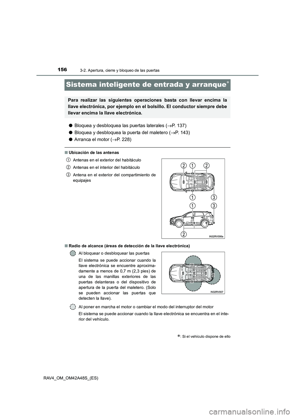 TOYOTA RAV4 2016  Manual del propietario (in Spanish) 1563-2. Apertura, cierre y bloqueo de las puertas
RAV4_OM_OM42A48S_(ES)
Sistema inteligente de entrada y arranque∗
●Bloquea y desbloquea las puertas laterales ( →P. 137)
● Bloquea y desbloquea