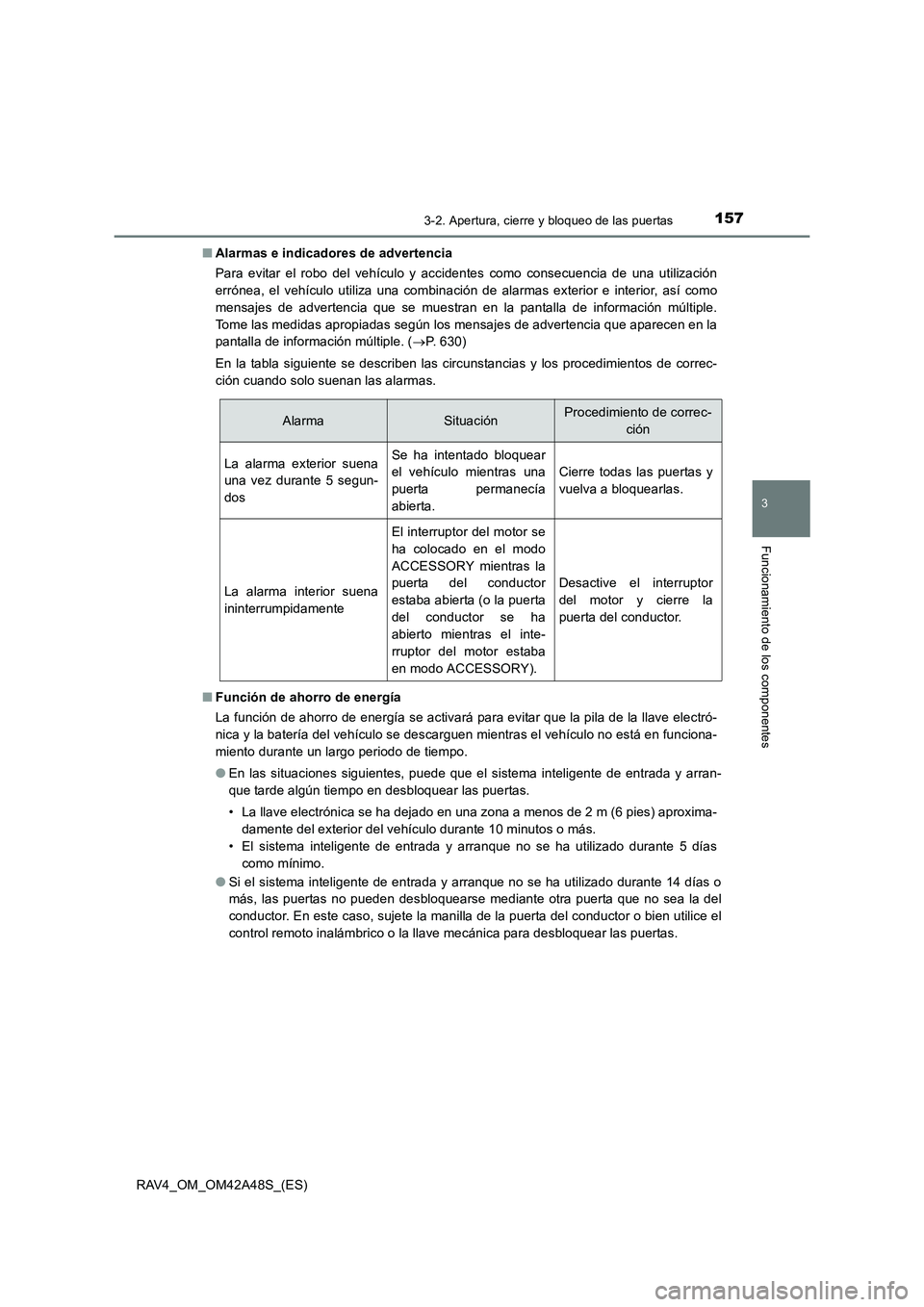 TOYOTA RAV4 2016  Manual del propietario (in Spanish) 1573-2. Apertura, cierre y bloqueo de las puertas
3
Funcionamiento de los componentes
RAV4_OM_OM42A48S_(ES)■
Alarmas e indicadores de advertencia
Para evitar el robo del vehículo y accidentes como 