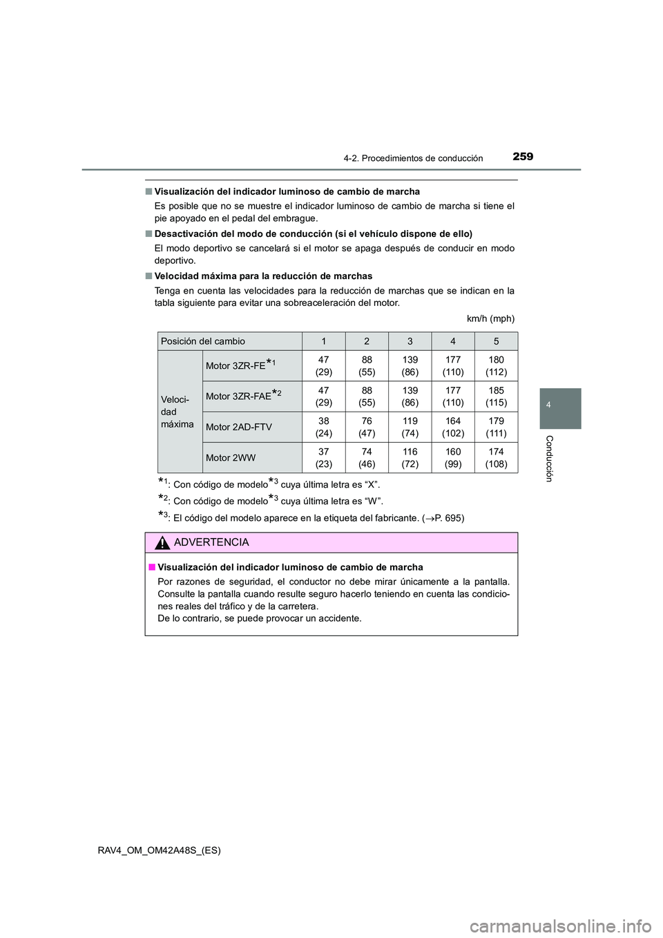 TOYOTA RAV4 2016  Manual del propietario (in Spanish) 2594-2. Procedimientos de conducción
4
Conducción
RAV4_OM_OM42A48S_(ES)
■Visualización del indicador luminoso de cambio de marcha
Es posible que no se muestre el indicador luminoso de cambio de m
