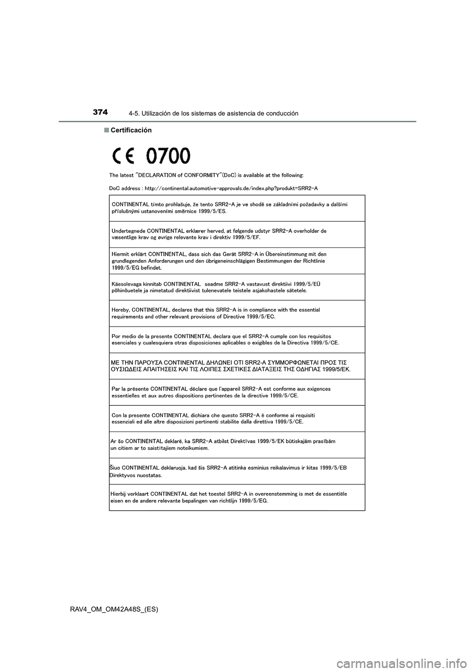 TOYOTA RAV4 2016  Manual del propietario (in Spanish) 3744-5. Utilización de los sistemas de asistencia de conducción
RAV4_OM_OM42A48S_(ES)■
Certificación 