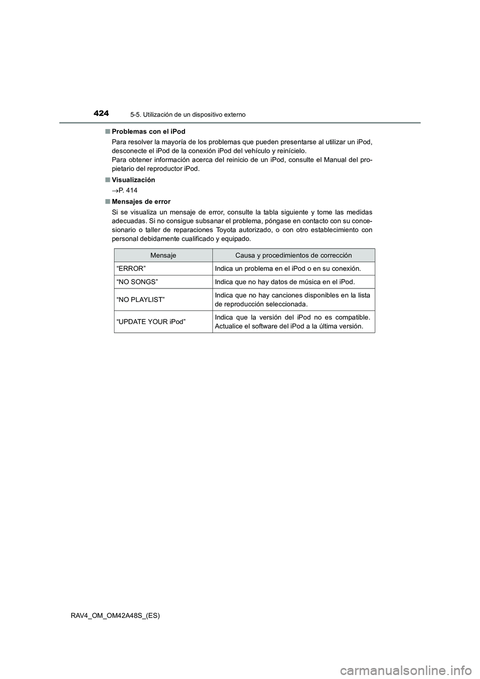 TOYOTA RAV4 2016  Manual del propietario (in Spanish) 4245-5. Utilización de un dispositivo externo
RAV4_OM_OM42A48S_(ES)■
Problemas con el iPod
Para resolver la mayoría de los problemas que pueden presentarse al utilizar un iPod,
desconecte el iPod 