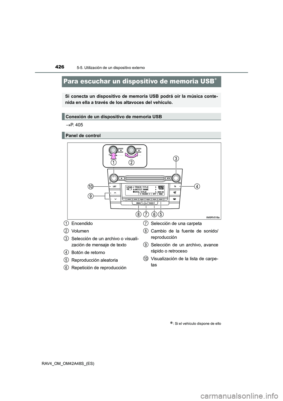 TOYOTA RAV4 2016  Manual del propietario (in Spanish) 4265-5. Utilización de un dispositivo externo
RAV4_OM_OM42A48S_(ES)
Para escuchar un dispositivo de memoria USB∗
→P. 405
∗: Si el vehículo dispone de ello
Si conecta un dispositivo de memoria 