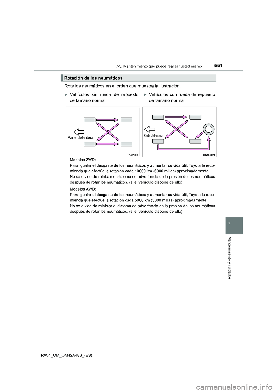 TOYOTA RAV4 2016  Manual del propietario (in Spanish) 5517-3. Mantenimiento que puede realizar usted mismo
RAV4_OM_OM42A48S_(ES)
7
Mantenimiento y cuidados
Rote los neumáticos en el orden que muestra la ilustración. 
Modelos 2WD: 
Para igualar el desga