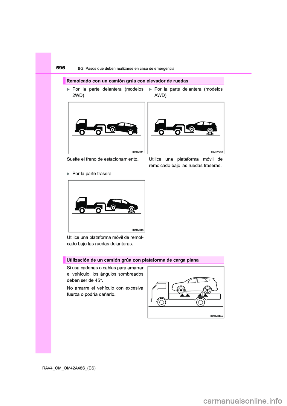 TOYOTA RAV4 2016  Manual del propietario (in Spanish) 5968-2. Pasos que deben realizarse en caso de emergencia
RAV4_OM_OM42A48S_(ES)
Si usa cadenas o cables para amarrar
el vehículo, los ángulos sombreados
deben ser de 45°.
No amarre el vehículo con 