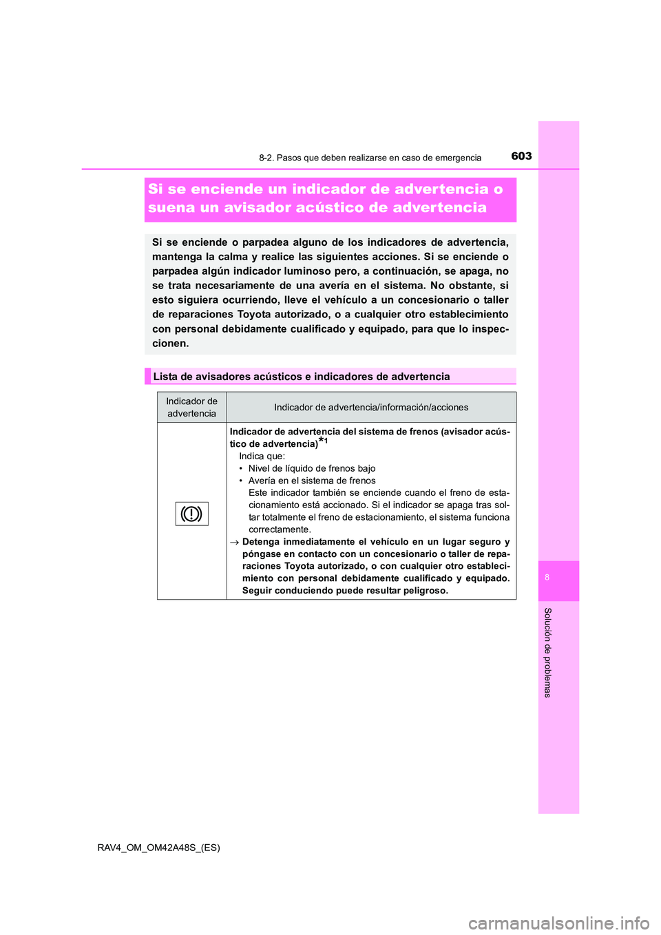 TOYOTA RAV4 2016  Manual del propietario (in Spanish) 6038-2. Pasos que deben realizarse en caso de emergencia
8
Solución de problemas
RAV4_OM_OM42A48S_(ES)
Si se enciende un indicador de adver tencia o 
suena un avisador acústico de advertencia
Si se 