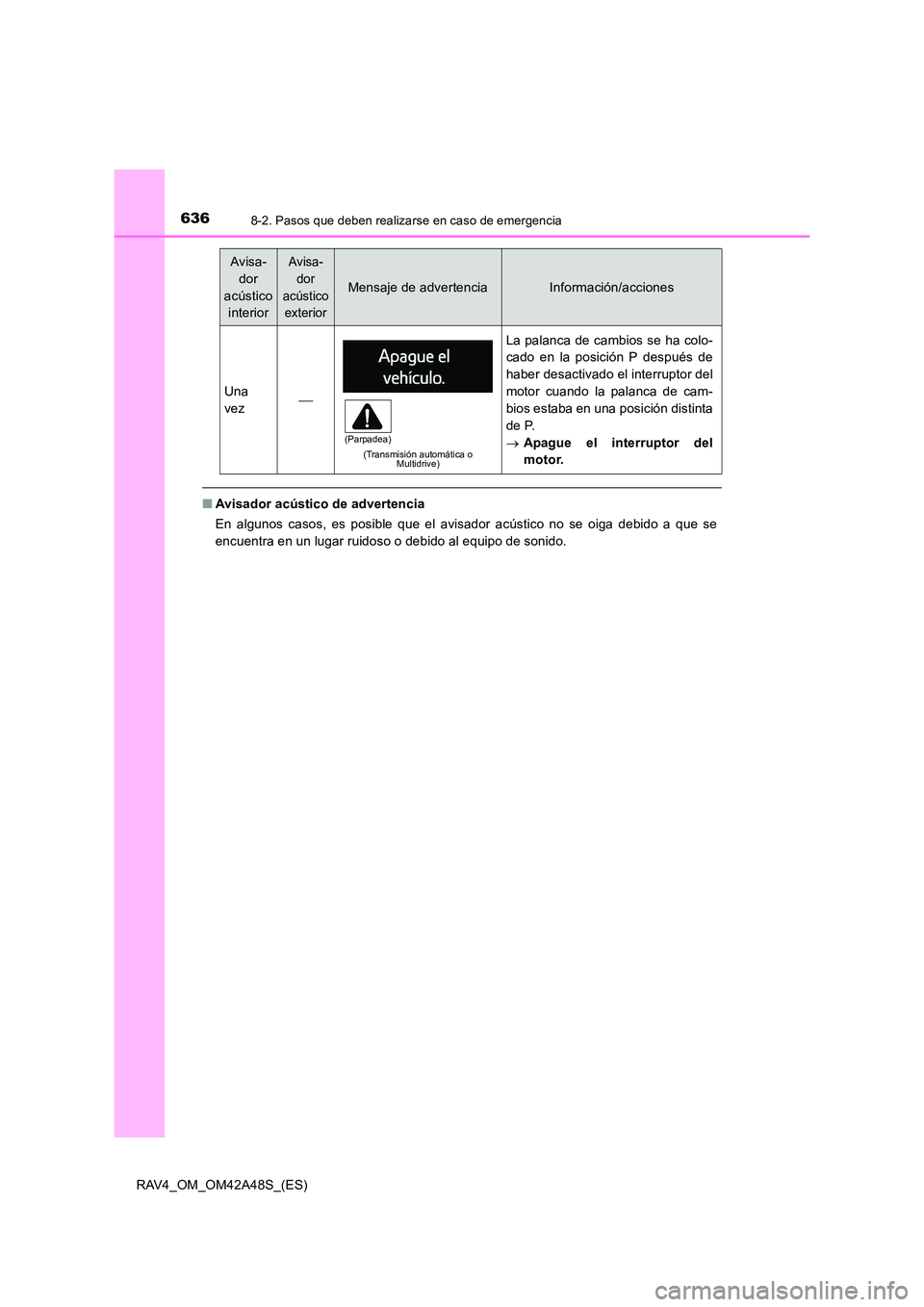TOYOTA RAV4 2016  Manual del propietario (in Spanish) 6368-2. Pasos que deben realizarse en caso de emergencia
RAV4_OM_OM42A48S_(ES)
■Avisador acústico de advertencia
En algunos casos, es posible que el avisador acústico no se oiga debido a que se
en