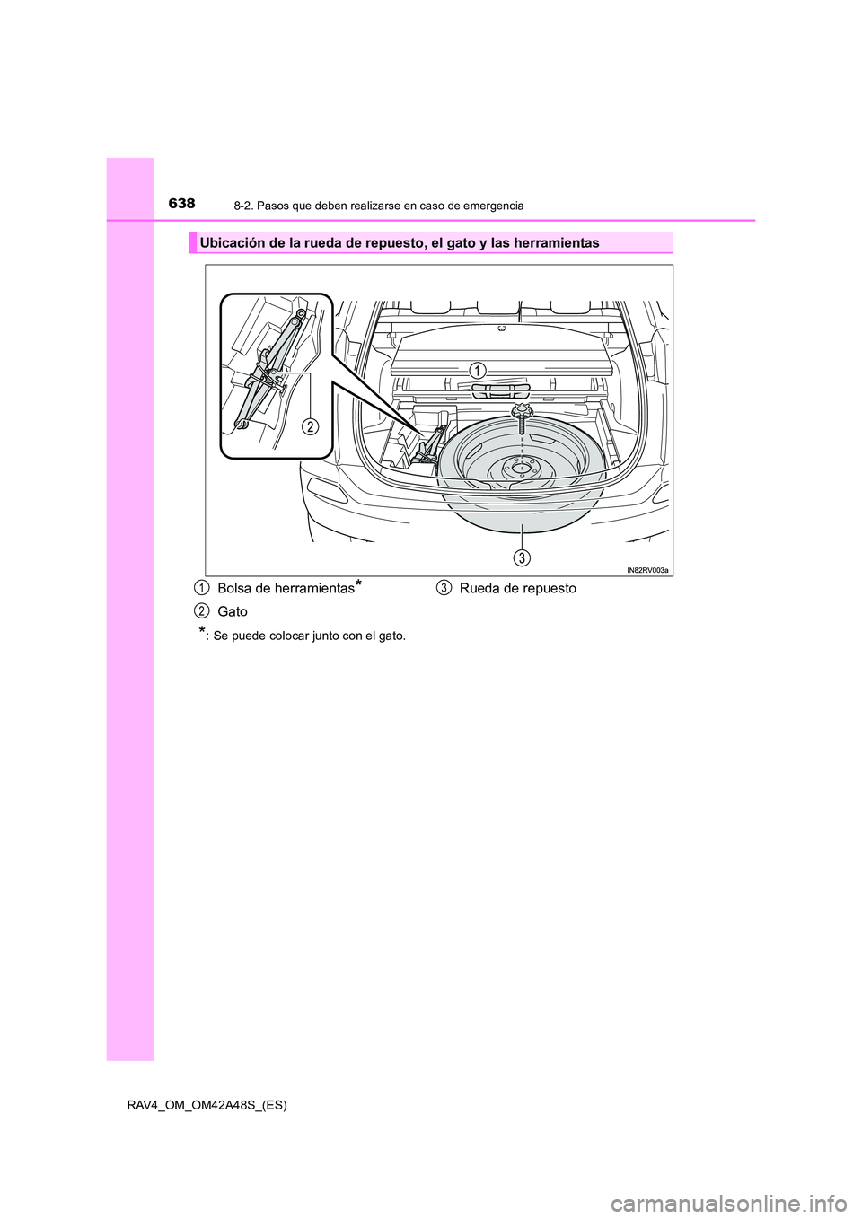 TOYOTA RAV4 2016  Manual del propietario (in Spanish) 6388-2. Pasos que deben realizarse en caso de emergencia
RAV4_OM_OM42A48S_(ES)
*: Se puede colocar junto con el gato.
Ubicación de la rueda de repuesto, el gato y las herramientas
Bolsa de herramient
