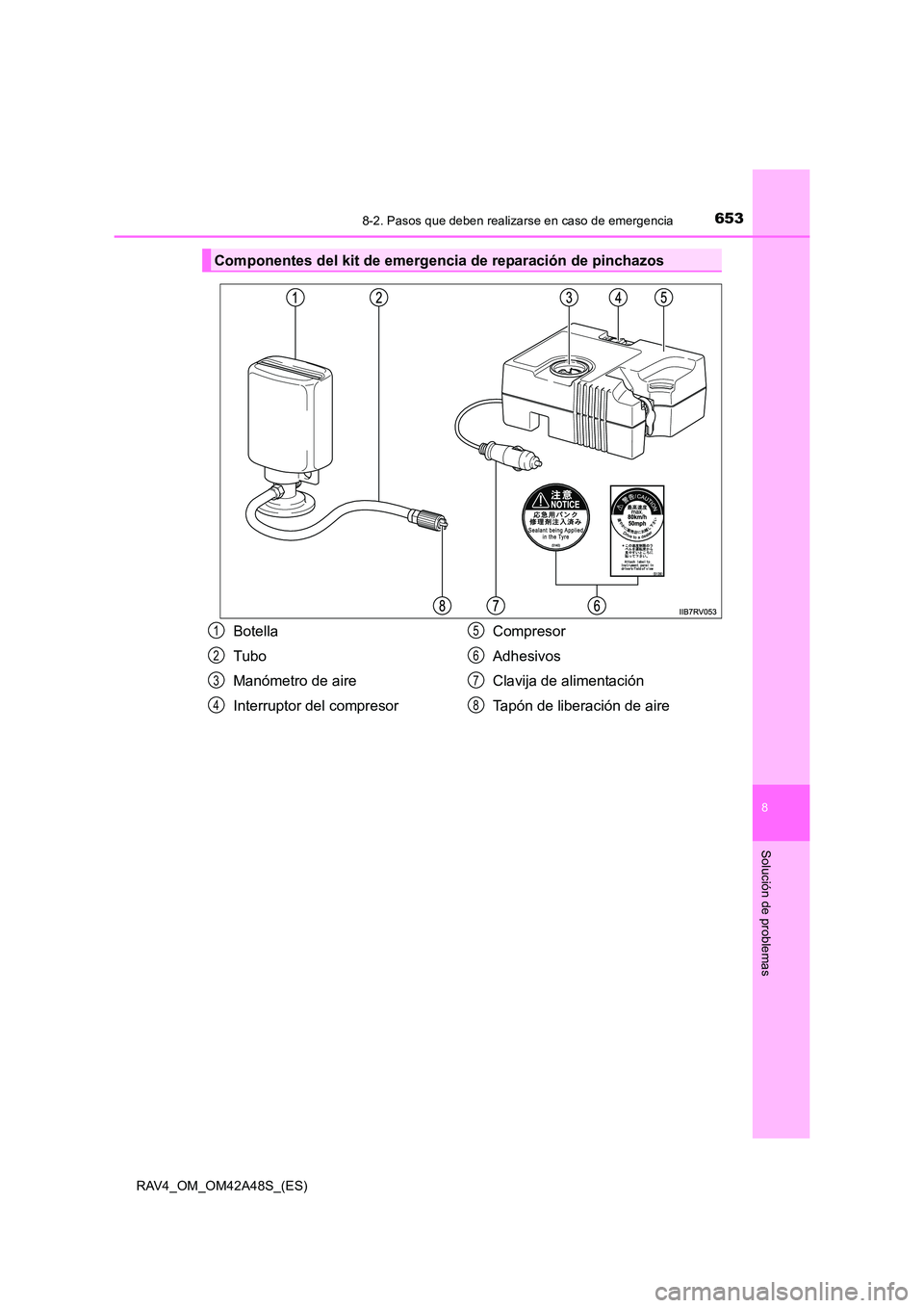 TOYOTA RAV4 2016  Manual del propietario (in Spanish) 6538-2. Pasos que deben realizarse en caso de emergencia
8
Solución de problemas
RAV4_OM_OM42A48S_(ES)
Componentes del kit de emergencia de reparación de pinchazos
Botella
Tubo
Manómetro de aire
In
