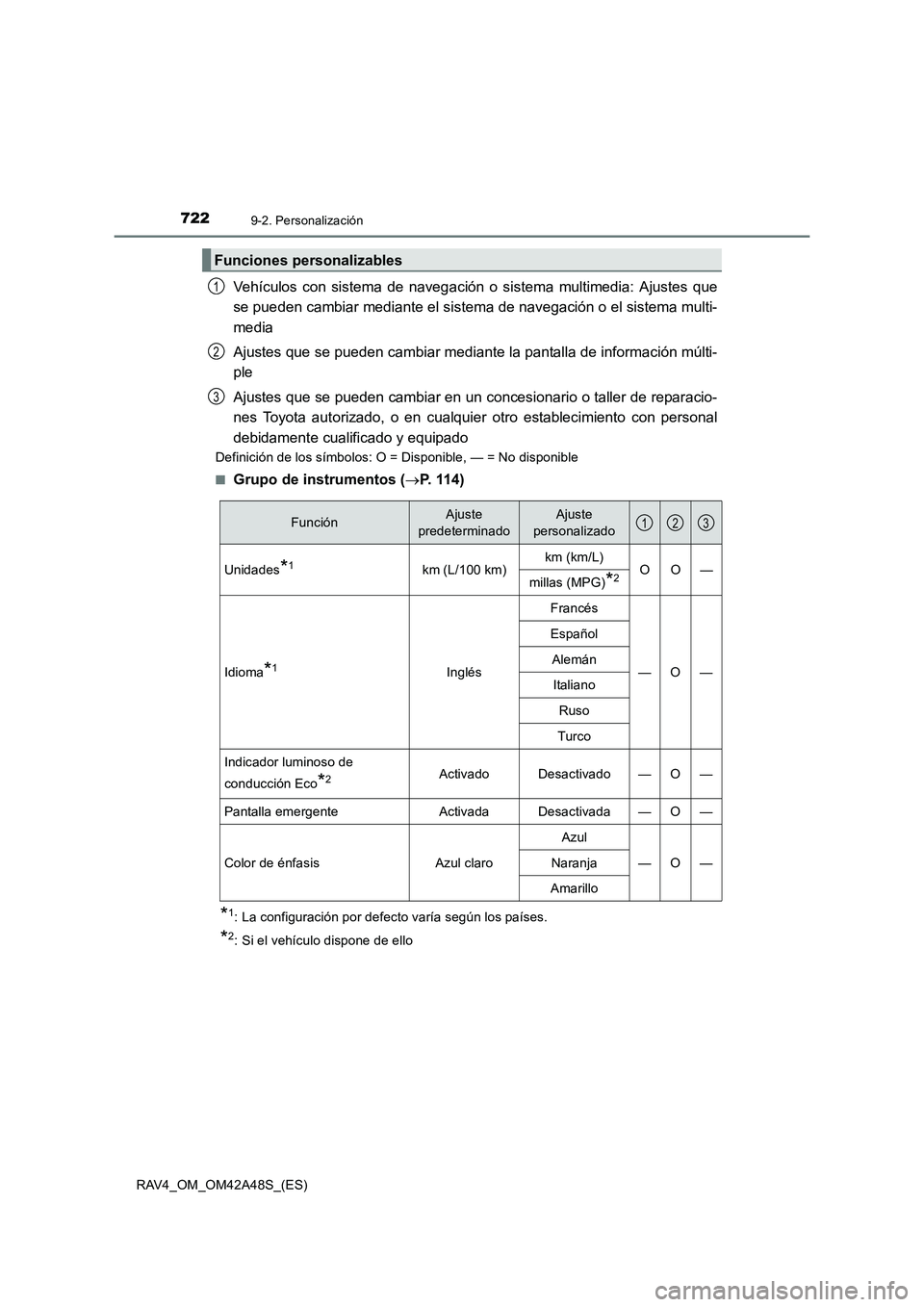 TOYOTA RAV4 2016  Manual del propietario (in Spanish) 7229-2. Personalización
RAV4_OM_OM42A48S_(ES)
Vehículos con sistema de navegación o sistema multimedia: Ajustes que
se pueden cambiar mediante el sistema de navegación o el sistema multi-
media
Aj