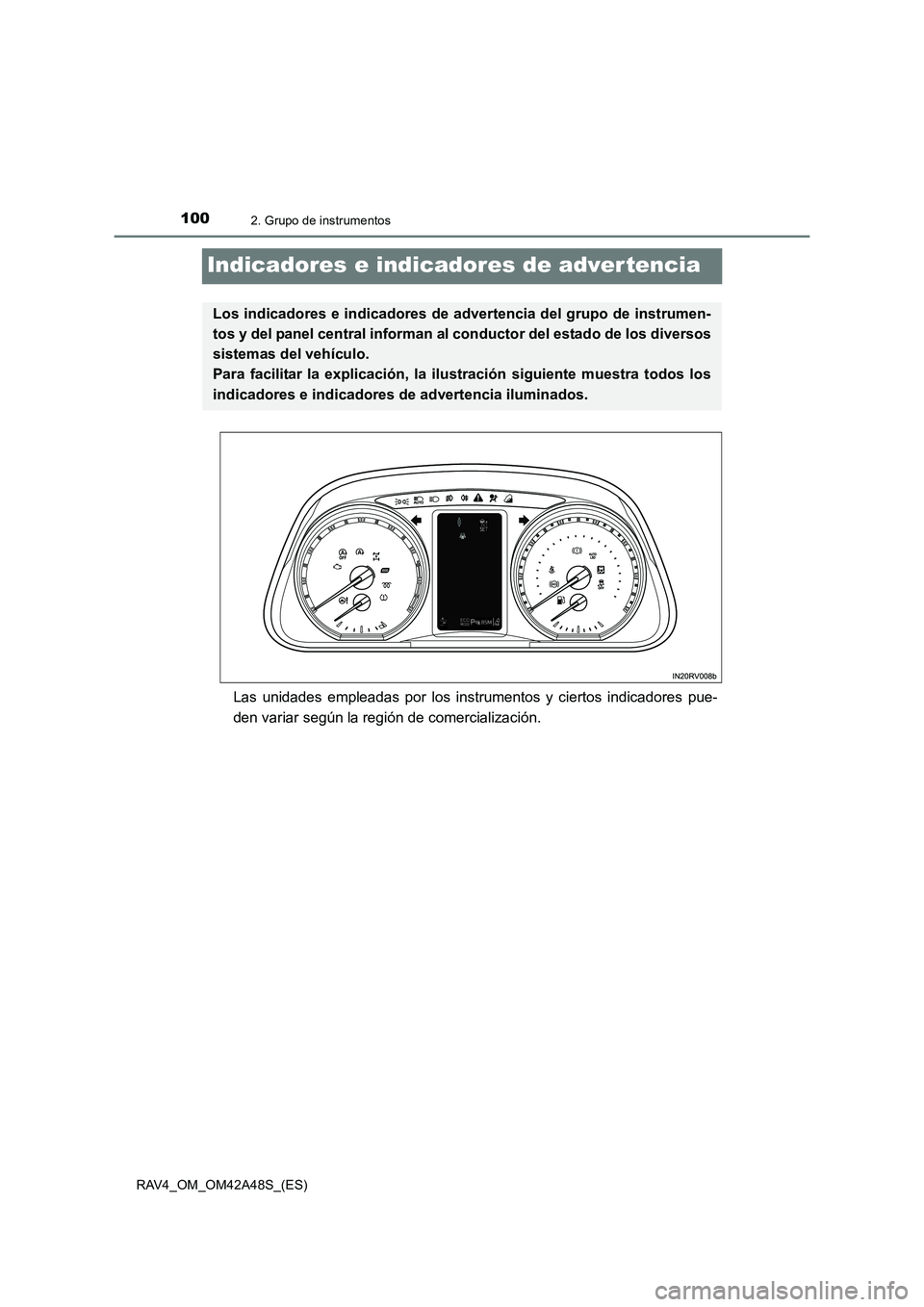 TOYOTA RAV4 2016  Manual del propietario (in Spanish) 1002. Grupo de instrumentos
RAV4_OM_OM42A48S_(ES)
Indicadores e indicadores de adver tencia
Las unidades empleadas por los instrumentos y ciertos indicadores pue-
den variar según la región de comer
