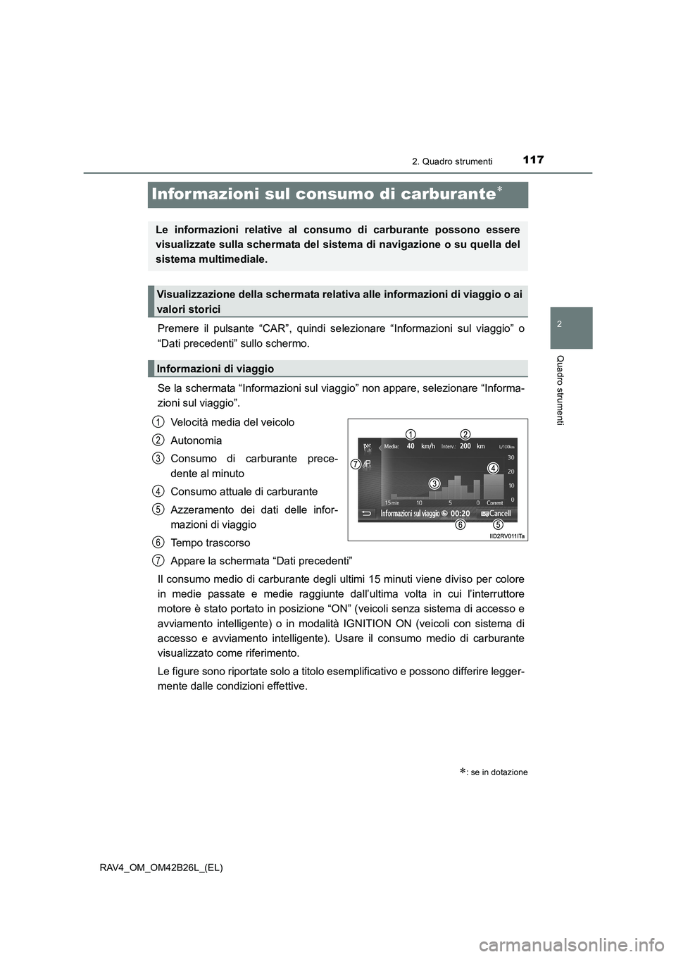 TOYOTA RAV4 2016  Manuale duso (in Italian) 117
2
2. Quadro strumenti
Quadro strumenti
RAV4_OM_OM42B26L_(EL)
Infor mazioni sul consumo di carburante∗
Premere il pulsante “CAR”, quindi selezionare “Informazioni sul viaggio” o
“Dati p
