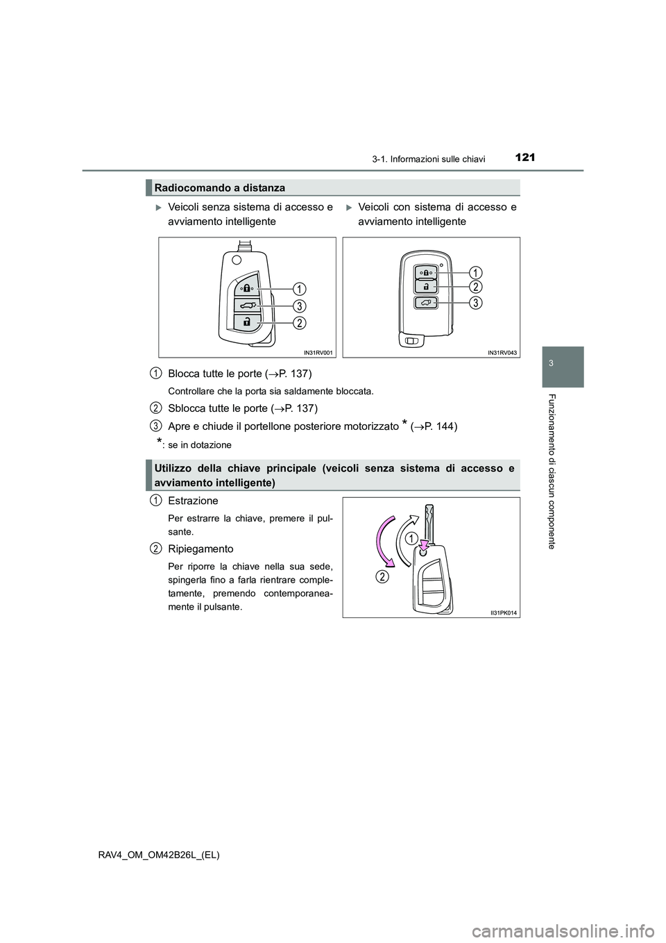 TOYOTA RAV4 2016  Manuale duso (in Italian) 1213-1. Informazioni sulle chiavi
3
Funzionamento di ciascun componente
RAV4_OM_OM42B26L_(EL)
Blocca tutte le porte (→P. 137)
Controllare che la porta sia saldamente bloccata.
Sblocca tutte le porte