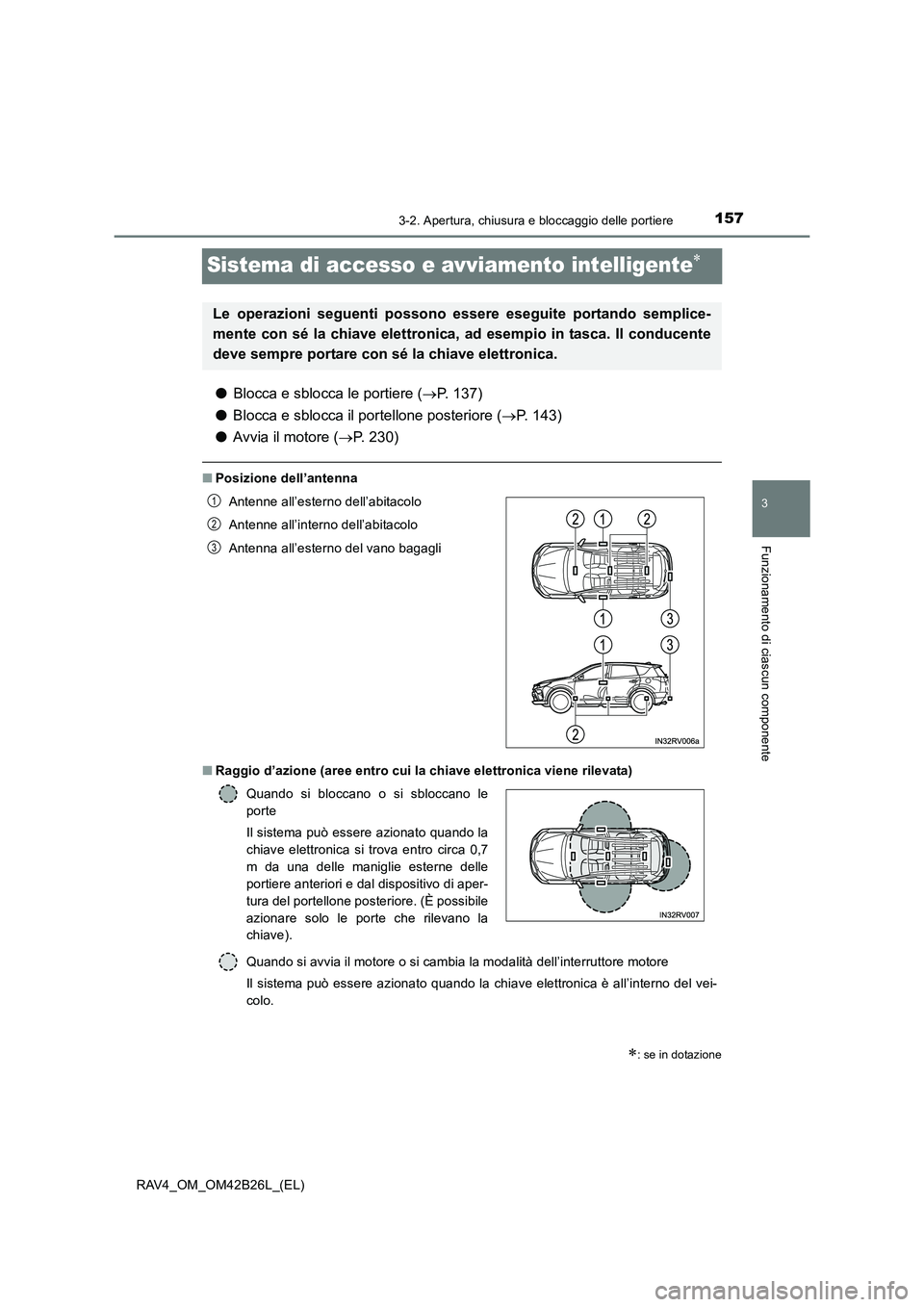 TOYOTA RAV4 2016  Manuale duso (in Italian) 157
3
3-2. Apertura, chiusura e bloccaggio delle portiere
Funzionamento di ciascun componente
RAV4_OM_OM42B26L_(EL)
Sistema di accesso e avviamento intelligente∗
●Blocca e sblocca le portiere ( 