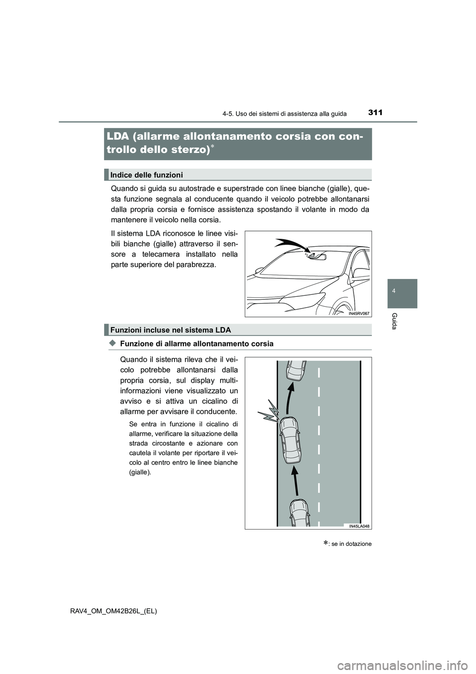 TOYOTA RAV4 2016  Manuale duso (in Italian) 311
4
4-5. Uso dei sistemi di assistenza alla guida
Guida
RAV4_OM_OM42B26L_(EL)
LDA (allar me allontanamento corsia con con-
trollo dello sterzo)
∗
Quando si guida su autostrade e superstrade con li