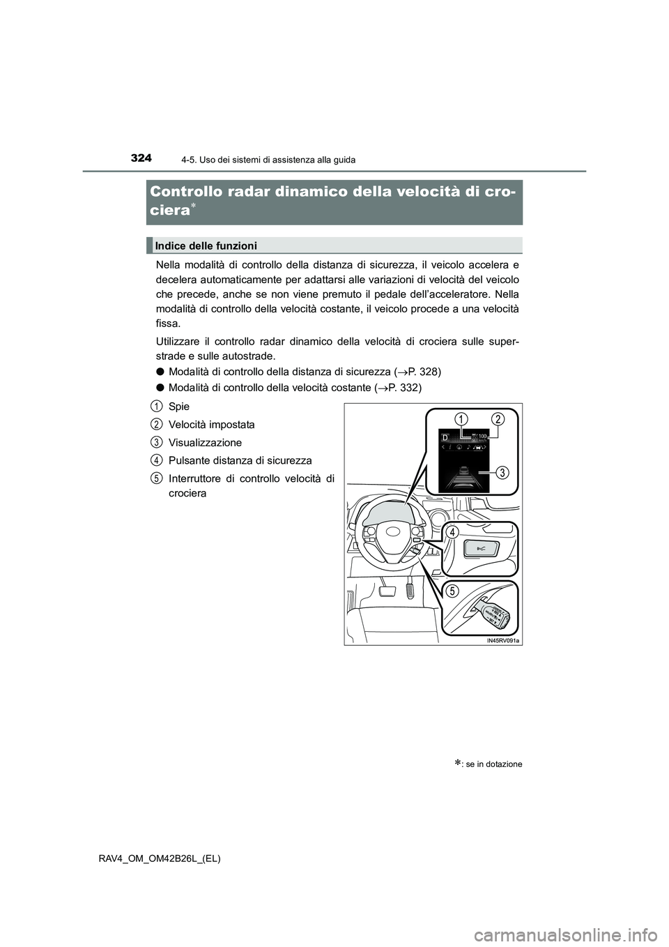 TOYOTA RAV4 2016  Manuale duso (in Italian) 3244-5. Uso dei sistemi di assistenza alla guida
RAV4_OM_OM42B26L_(EL)
Controllo radar dinamico della velocità di cro-
ciera
∗
Nella modalità di controllo della distanza di sicurezza, il veicolo a