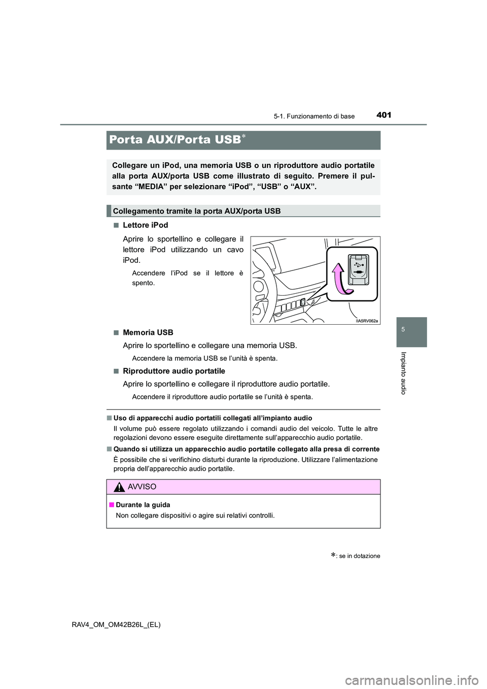 TOYOTA RAV4 2016  Manuale duso (in Italian) 401
5
5-1. Funzionamento di base
Impianto audio
RAV4_OM_OM42B26L_(EL)
Por ta AUX/Por ta USB∗
■Lettore iPod
Aprire lo sportellino e collegare il
lettore iPod utilizzando un cavo
iPod.
Accendere l