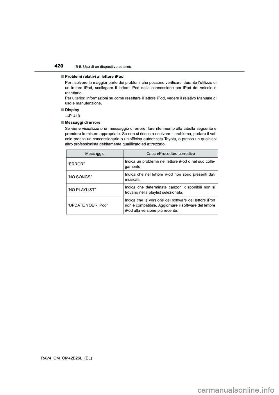 TOYOTA RAV4 2016  Manuale duso (in Italian) 4205-5. Uso di un dispositivo esterno
RAV4_OM_OM42B26L_(EL)■
Problemi relativi al lettore iPod
Per risolvere la maggior parte dei problemi che possono verificarsi durante l’utilizzo di
un lettore 