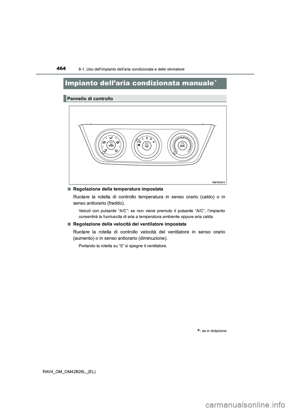 TOYOTA RAV4 2016  Manuale duso (in Italian) 4646-1. Uso dell’impianto dell’aria condizionata e dello sbrinatore
RAV4_OM_OM42B26L_(EL)
Impianto dell’aria condizionata manuale∗
■Regolazione della temperatura impostata
Ruotare la rotella