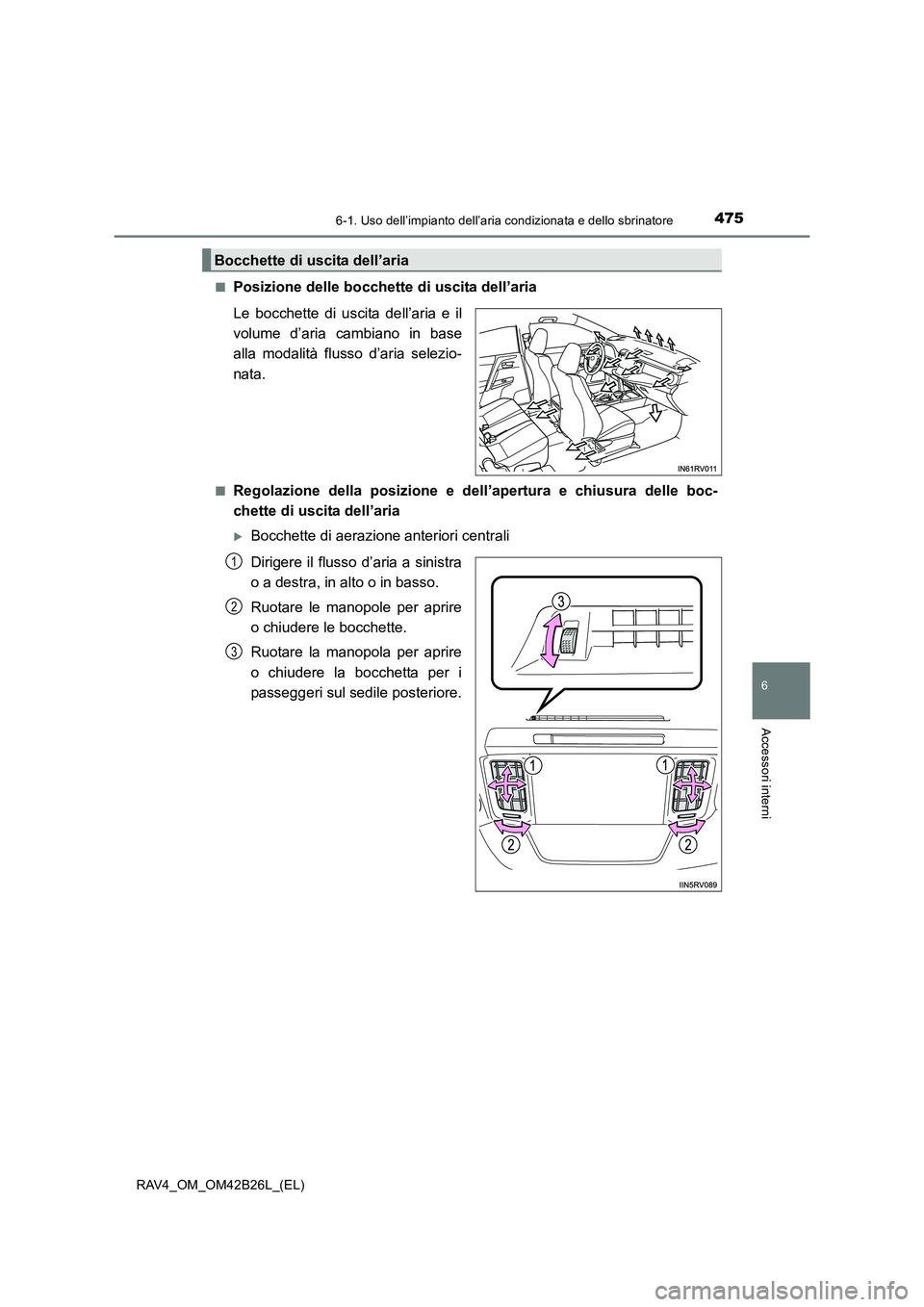 TOYOTA RAV4 2016  Manuale duso (in Italian) 4756-1. Uso dell’impianto dell’aria condizionata e dello sbrinatore
6
Accessori interni
RAV4_OM_OM42B26L_(EL)■
Posizione delle bocchette di uscita dell’aria
Le bocchette di uscita dell’aria 