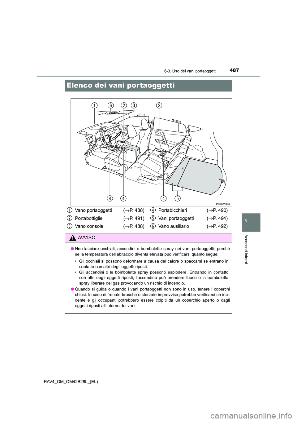TOYOTA RAV4 2016  Manuale duso (in Italian) 4876-3. Uso dei vani portaoggetti
RAV4_OM_OM42B26L_(EL)
6
Accessori interni
Elenco dei vani por taoggetti
Vano portaoggetti (→P. 488)
Portabottiglie ( →P. 491)
Vano console  ( →P. 488) Portabicc
