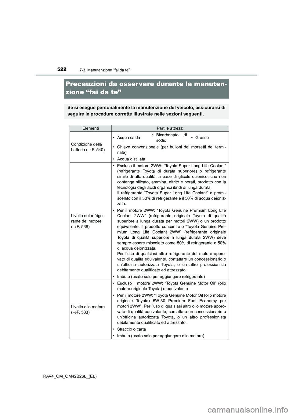 TOYOTA RAV4 2016  Manuale duso (in Italian) 5227-3. Manutenzione “fai da te”
RAV4_OM_OM42B26L_(EL)
Precauzioni da osser vare durante la manuten-
zione “fai da te”
Se si esegue personalmente la manutenzione del veicolo, assicurarsi di
se