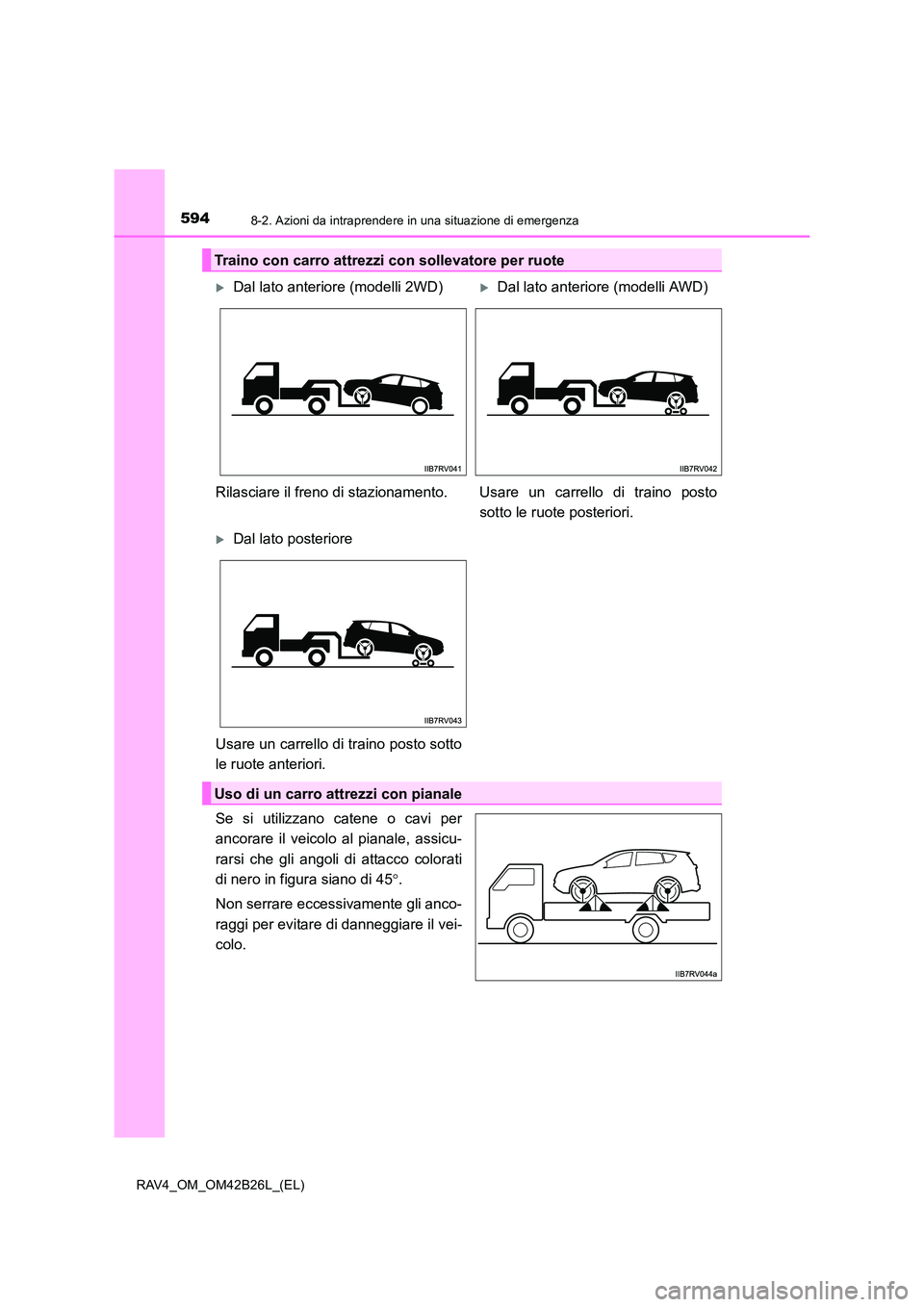 TOYOTA RAV4 2016  Manuale duso (in Italian) 5948-2. Azioni da intraprendere in una situazione di emergenza
RAV4_OM_OM42B26L_(EL)
Se si utilizzano catene o cavi per
ancorare il veicolo al pianale, assicu-
rarsi che gli angoli di attacco colorati
