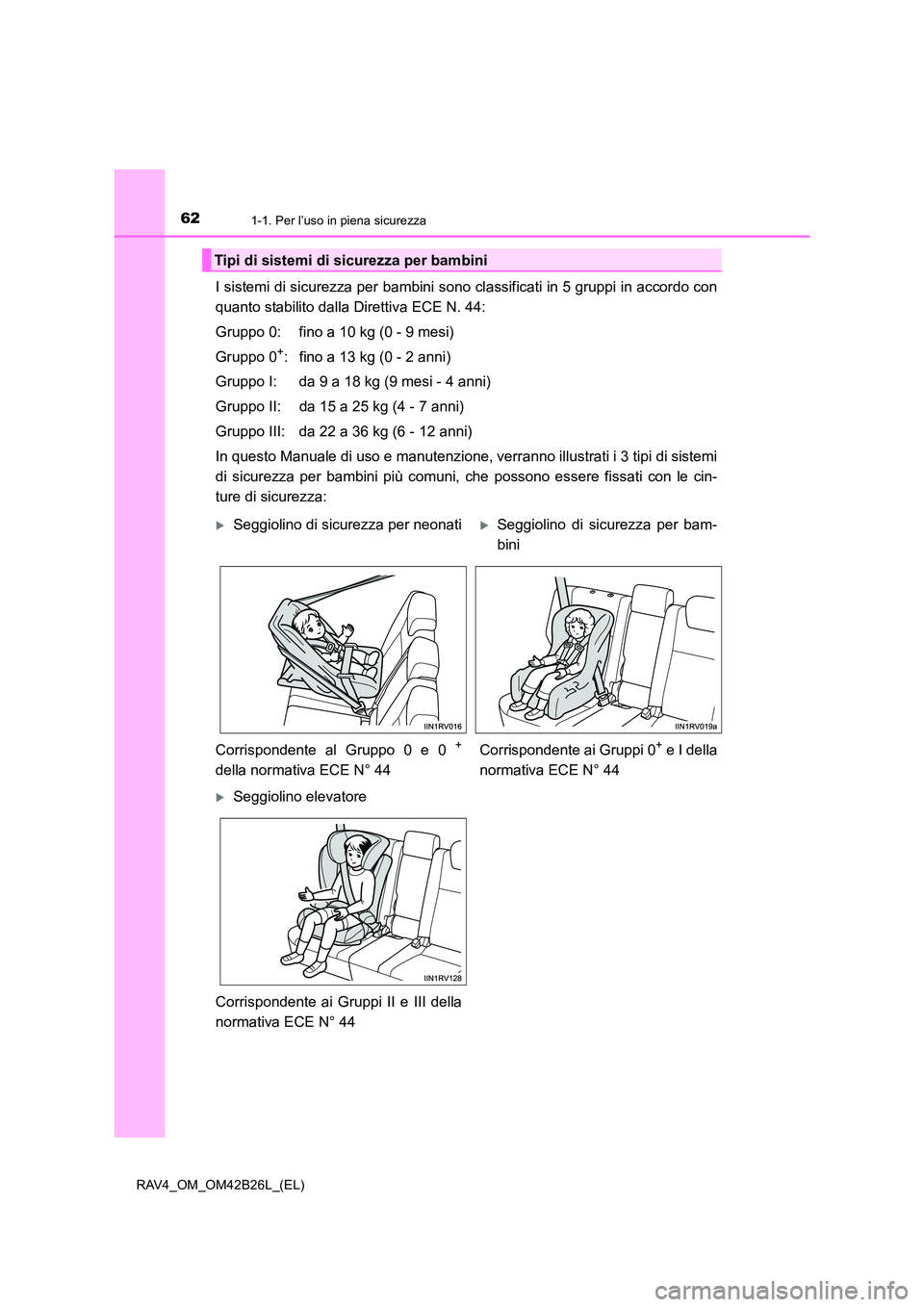 TOYOTA RAV4 2016  Manuale duso (in Italian) 621-1. Per l’uso in piena sicurezza
RAV4_OM_OM42B26L_(EL)
I sistemi di sicurezza per bambini sono classificati in 5 gruppi in accordo con
quanto stabilito dalla Direttiva ECE N. 44:
Gruppo 0: fino a