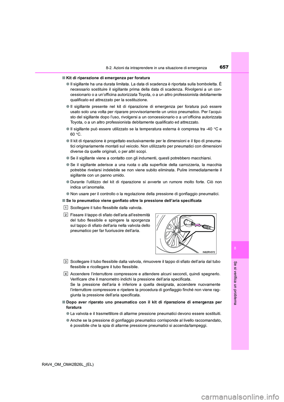 TOYOTA RAV4 2016  Manuale duso (in Italian) 6578-2. Azioni da intraprendere in una situazione di emergenza
8
Se si verifica un problema
RAV4_OM_OM42B26L_(EL)■
Kit di riparazione di emergenza per foratura
●Il sigillante ha una durata limitat