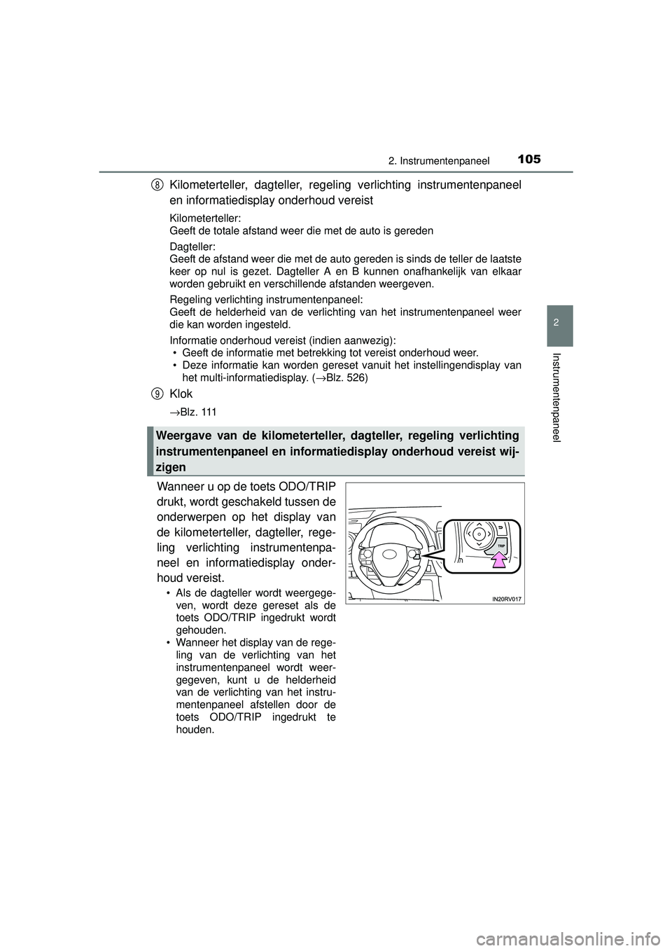 TOYOTA RAV4 2016  Instructieboekje (in Dutch) 1052. Instrumentenpaneel
2
Instrumentenpaneel
RAV4_OM_OM42A45E_(EE)
Kilometerteller, dagteller, regeling verlichting instrumentenpaneel
en informatiedisplay onderhoud vereist
Kilometerteller:
Geeft de