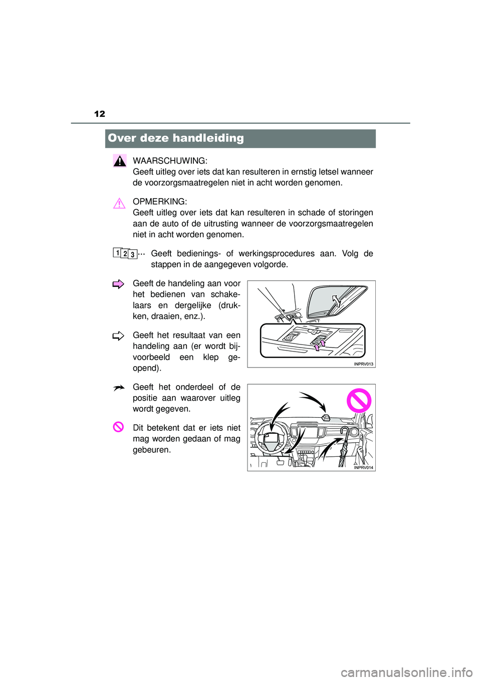 TOYOTA RAV4 2016  Instructieboekje (in Dutch) 12
RAV4_OM_OM42A45E_(EE)
Over deze handleiding
WAARSCHUWING: 
Geeft uitleg over iets dat kan resulteren in ernstig letsel wanneer
de voorzorgsmaatregelen niet in acht worden genomen.
OPMERKING: 
Geeft