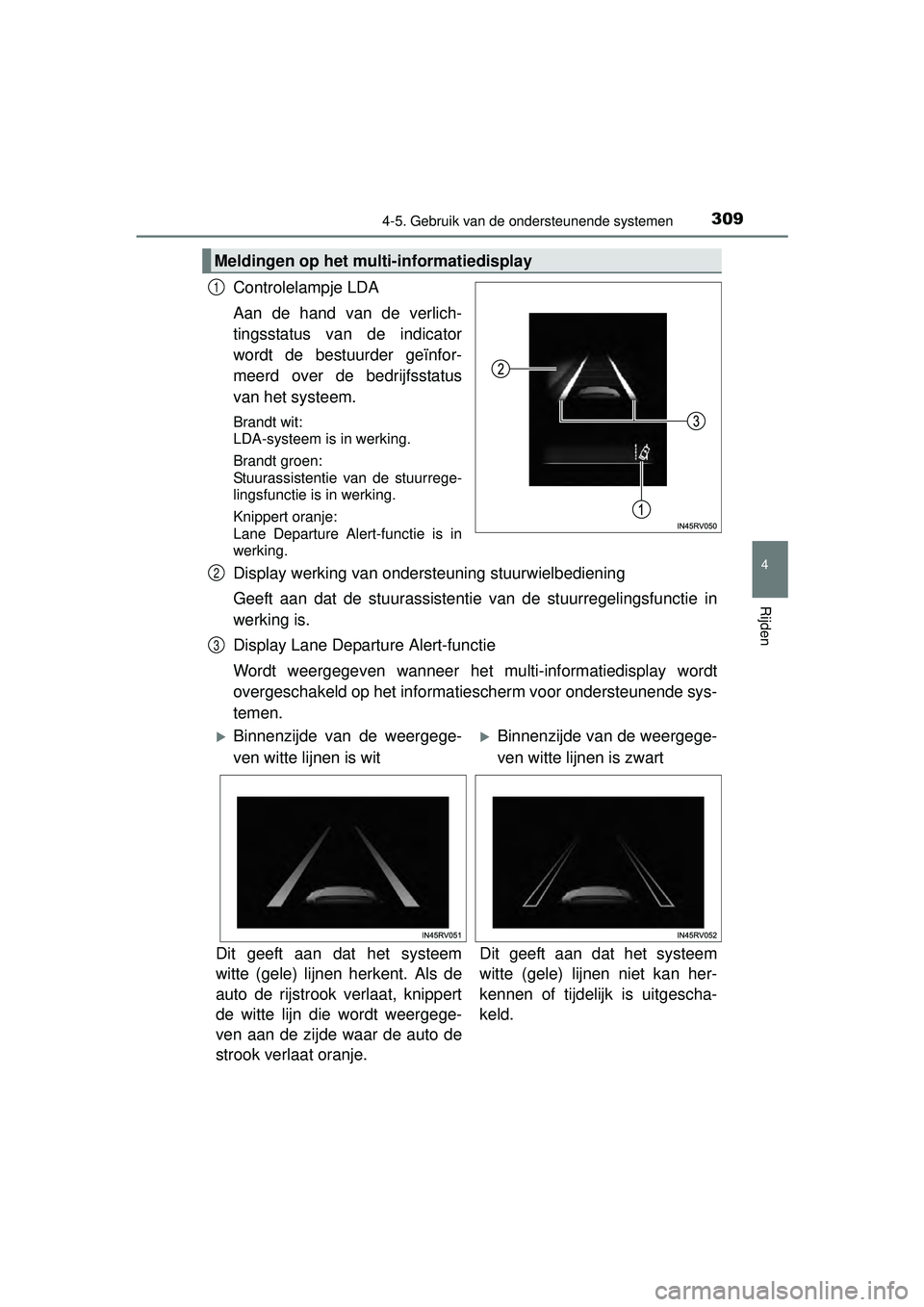 TOYOTA RAV4 2016  Instructieboekje (in Dutch) 3094-5. Gebruik van de ondersteunende systemen
4
Rijden
RAV4_OM_OM42A45E_(EE)
Controlelampje LDA
Aan de hand van de verlich-
tingsstatus van de indicator
wordt de bestuurder geïnfor-
meerd over de be