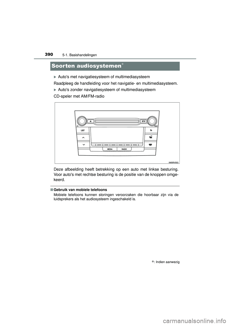 TOYOTA RAV4 2016  Instructieboekje (in Dutch) 3905-1. Basishandelingen
RAV4_OM_OM42A45E_(EE)
Soorten audiosystemen∗
Autos met navigatiesysteem of multimediasysteem
Raadpleeg de handleiding voor het  navigatie- en multimediasysteem.
Auto