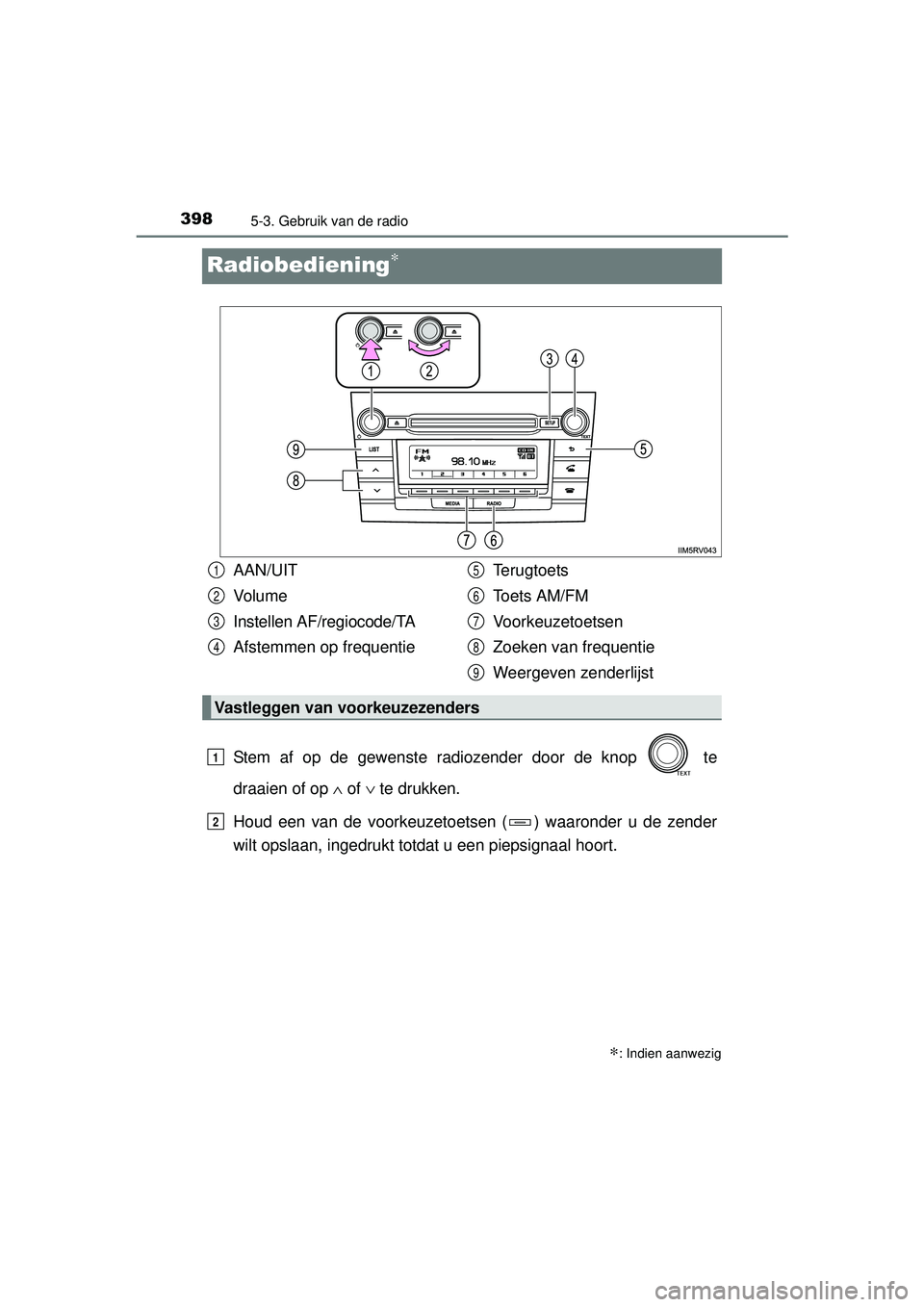 TOYOTA RAV4 2016  Instructieboekje (in Dutch) 3985-3. Gebruik van de radio
RAV4_OM_OM42A45E_(EE)
Radiobediening∗
Stem af op de gewenste radiozender door de knop   te
draaien of op ∧ of  ∨ te drukken.
Houd een van de voorkeuzetoetsen ( ) waa