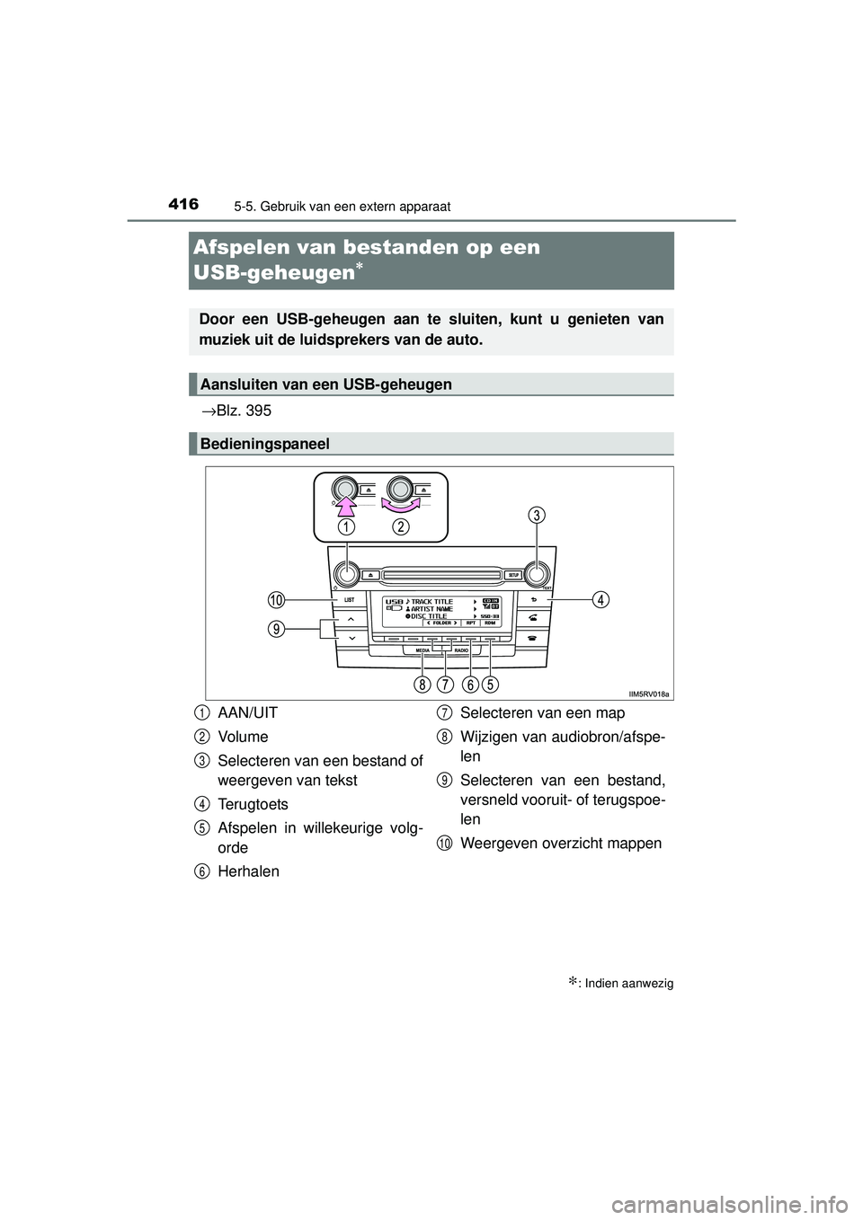 TOYOTA RAV4 2016  Instructieboekje (in Dutch) 4165-5. Gebruik van een extern apparaat
RAV4_OM_OM42A45E_(EE)
Afspelen van bestanden op een 
USB-geheugen
∗
→Blz. 395
∗: Indien aanwezig
Door een USB-geheugen aan te  sluiten, kunt u genieten va